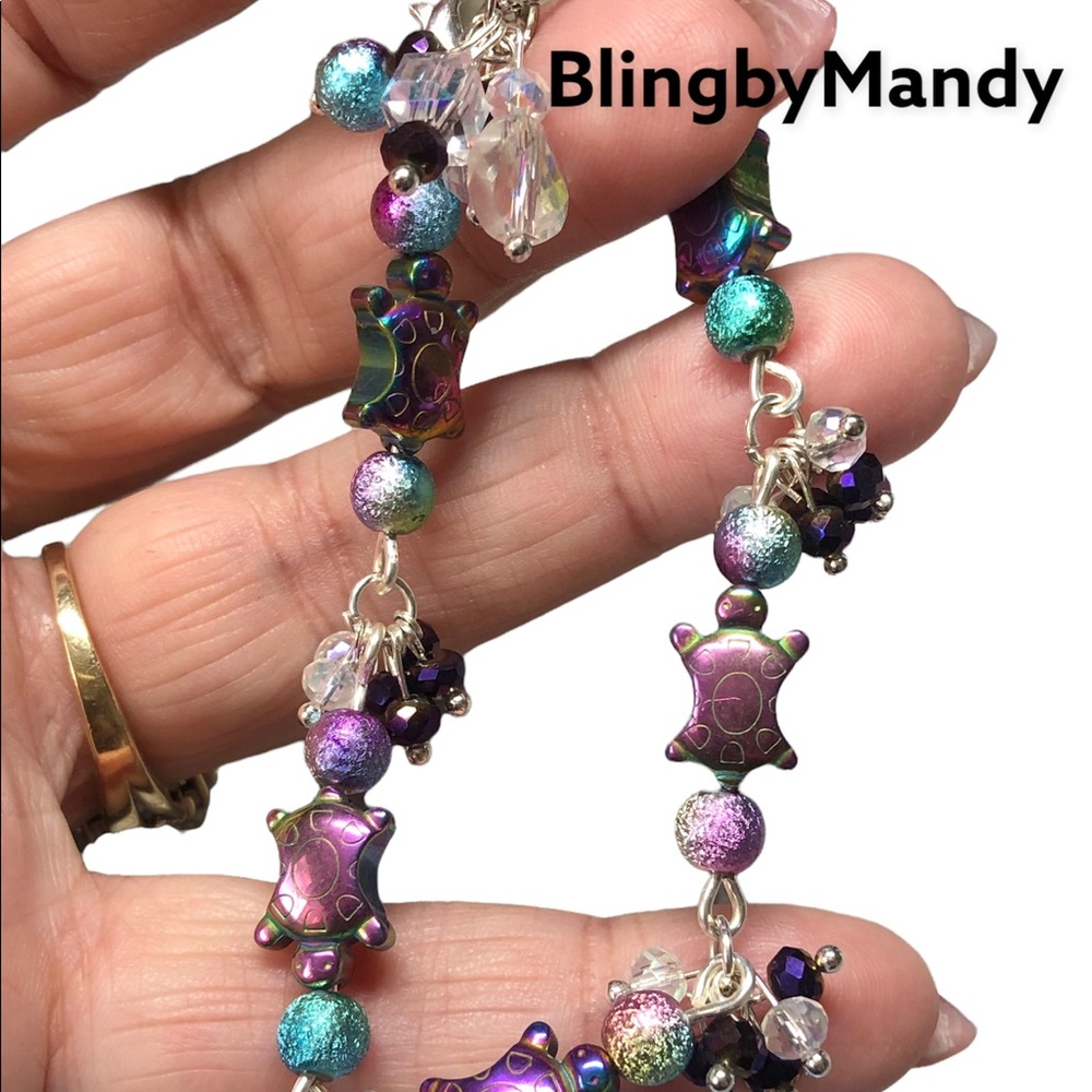 🐢Turtles! Hematite  color changing beaded bracelet with crystals 7.5”